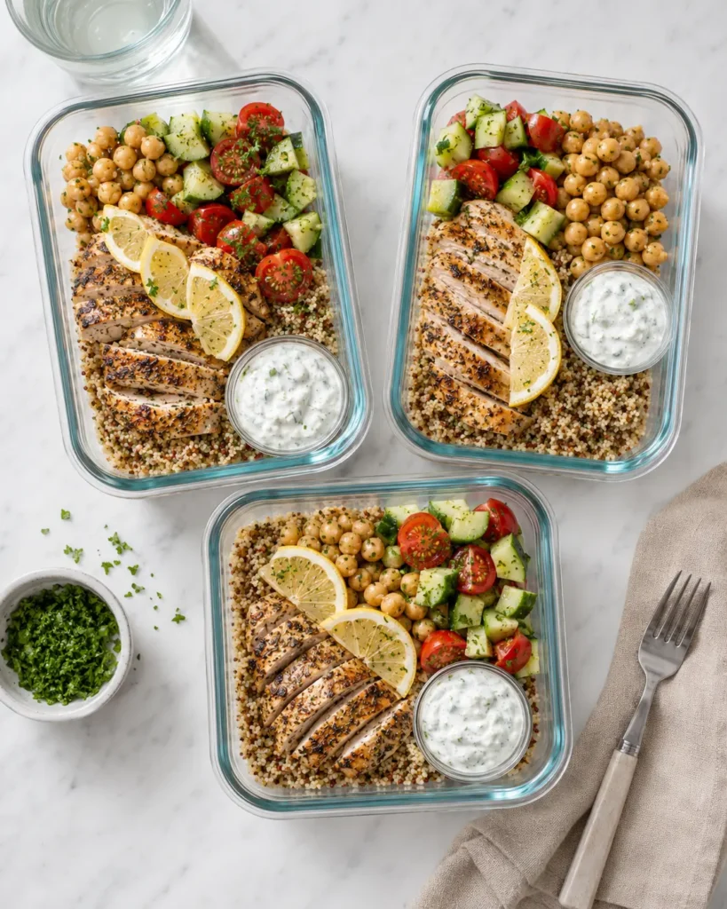 Meal-prep containers with Mediterranean chicken bowls and separate tzatziki cups