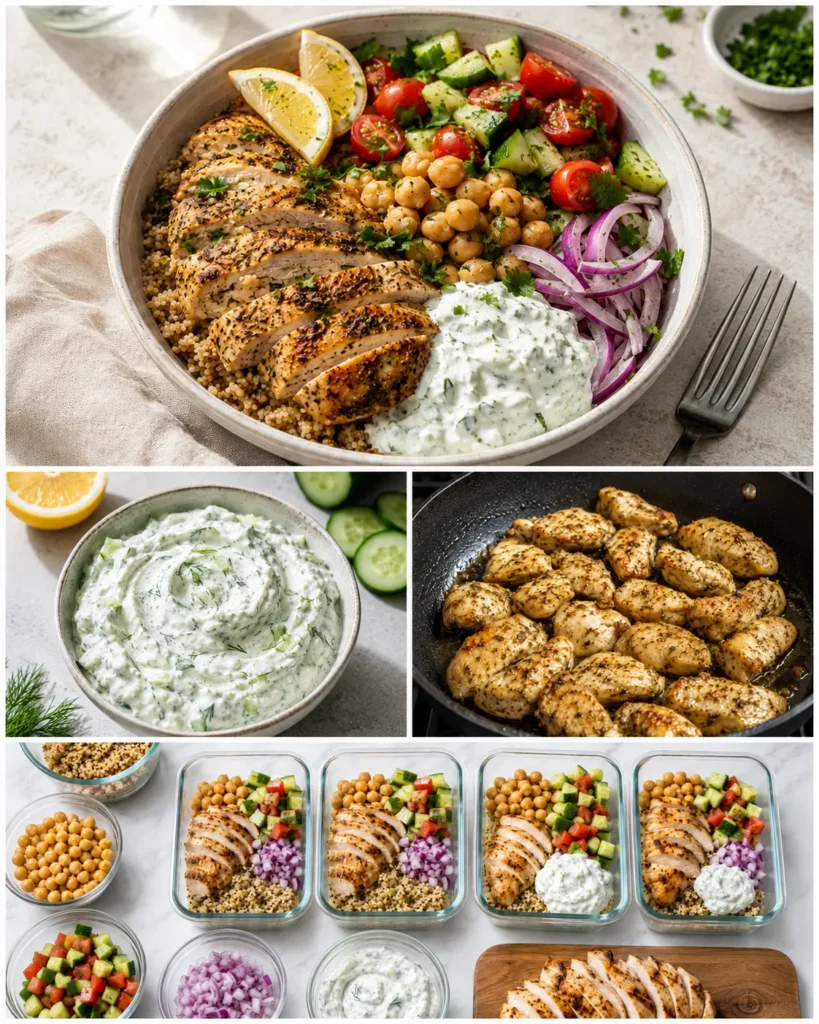 Summary collage for Mediterranean chicken tzatziki bowls with bowl, tzatziki, chicken, and meal prep view