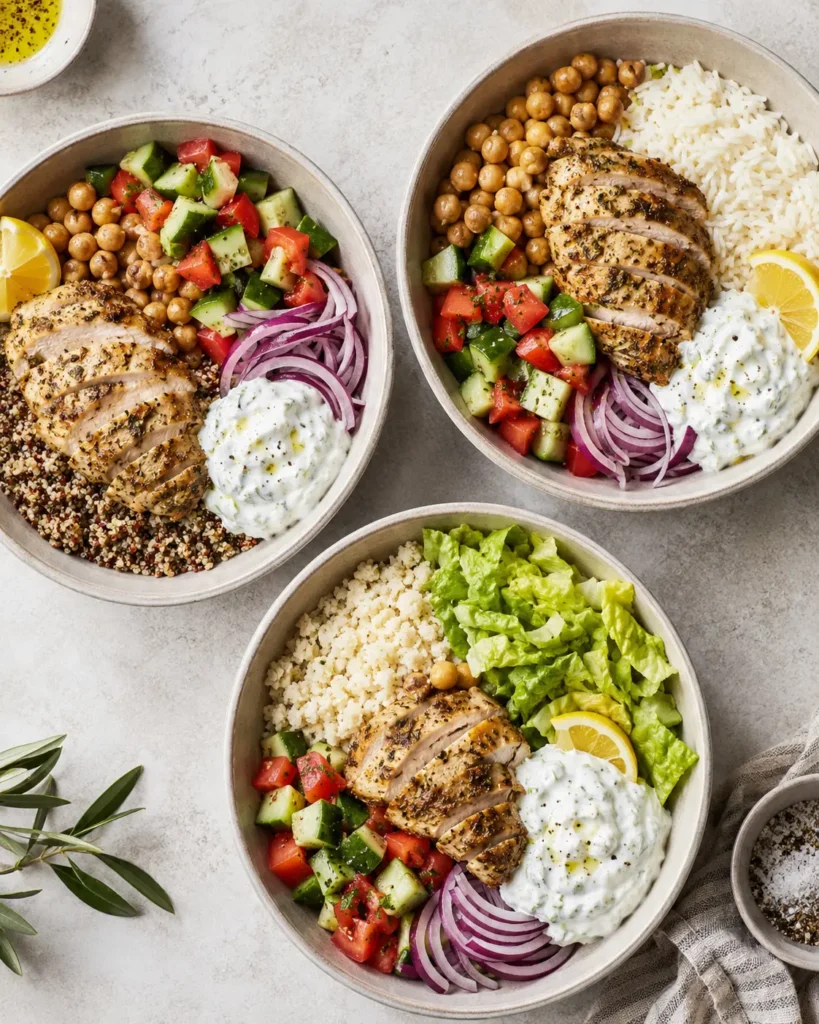 Three variations of Mediterranean chicken tzatziki bowls with quinoa, rice, and cauliflower rice