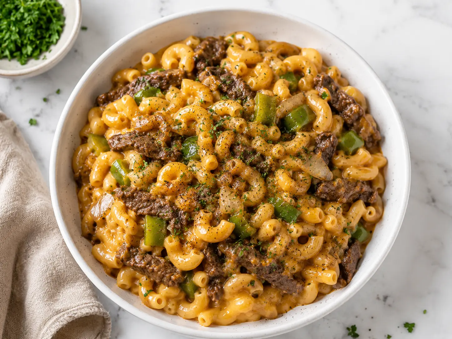 Philly cheesesteak mac and cheese with steak peppers and onions