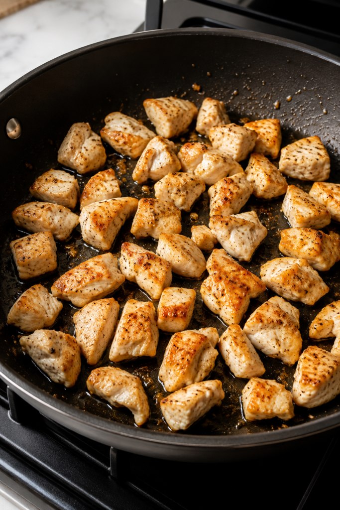 Chicken pieces searing in a skillet for creamy protein pasta
