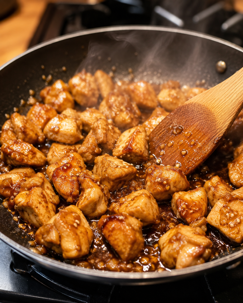 Sesame chicken pieces cooking in a skillet with glossy sauce and sesame seeds