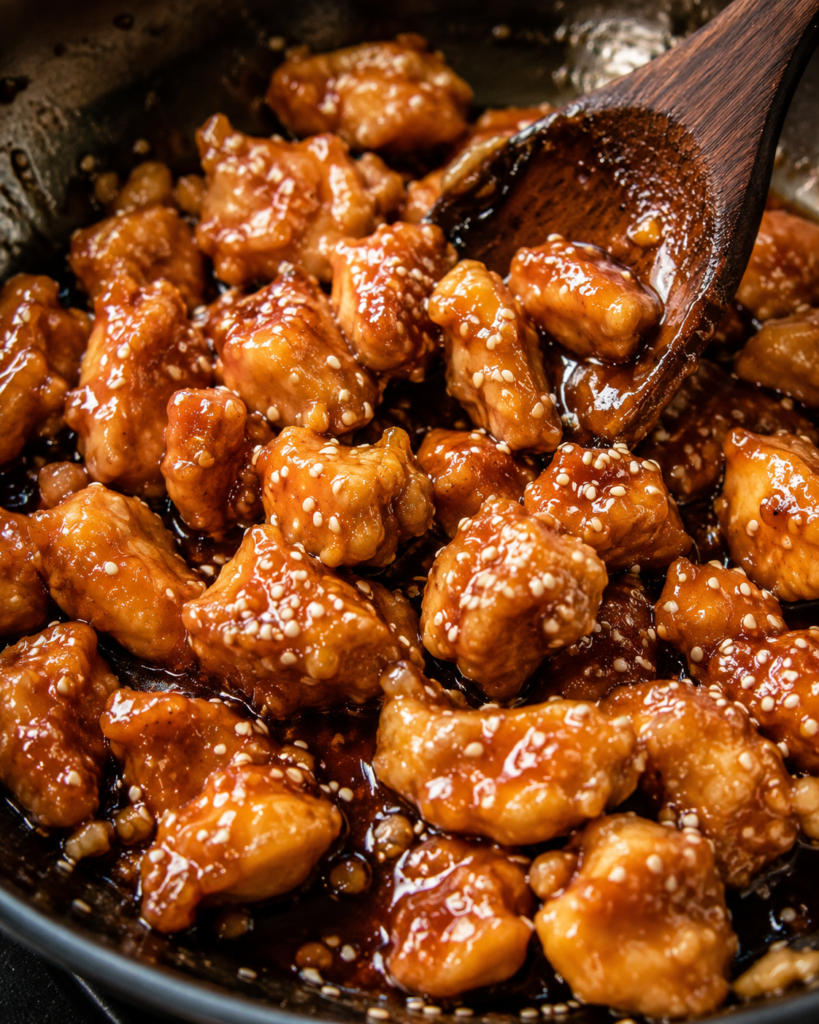 Sesame chicken coated in a glossy sauce with sesame seeds in a skillet