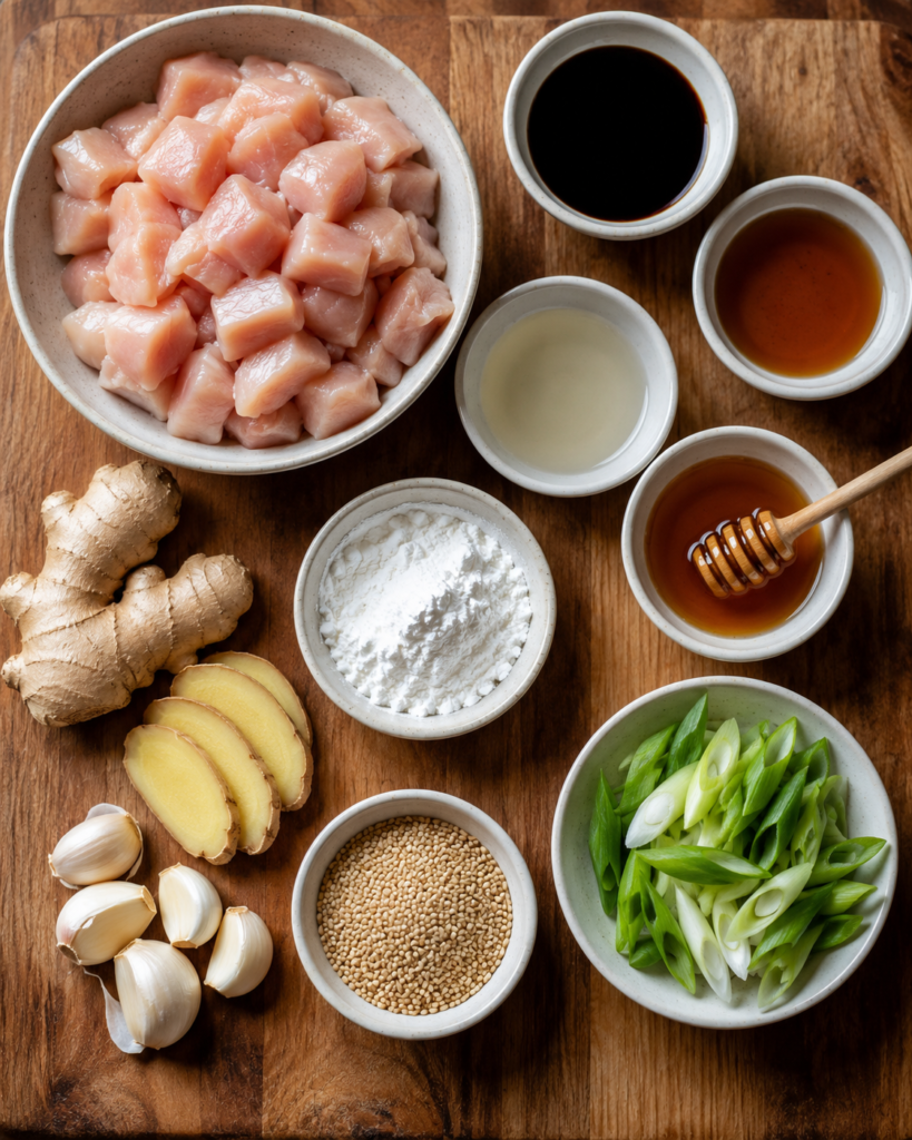 Sesame chicken ingredients including diced chicken, sauces, garlic, ginger, and green onions