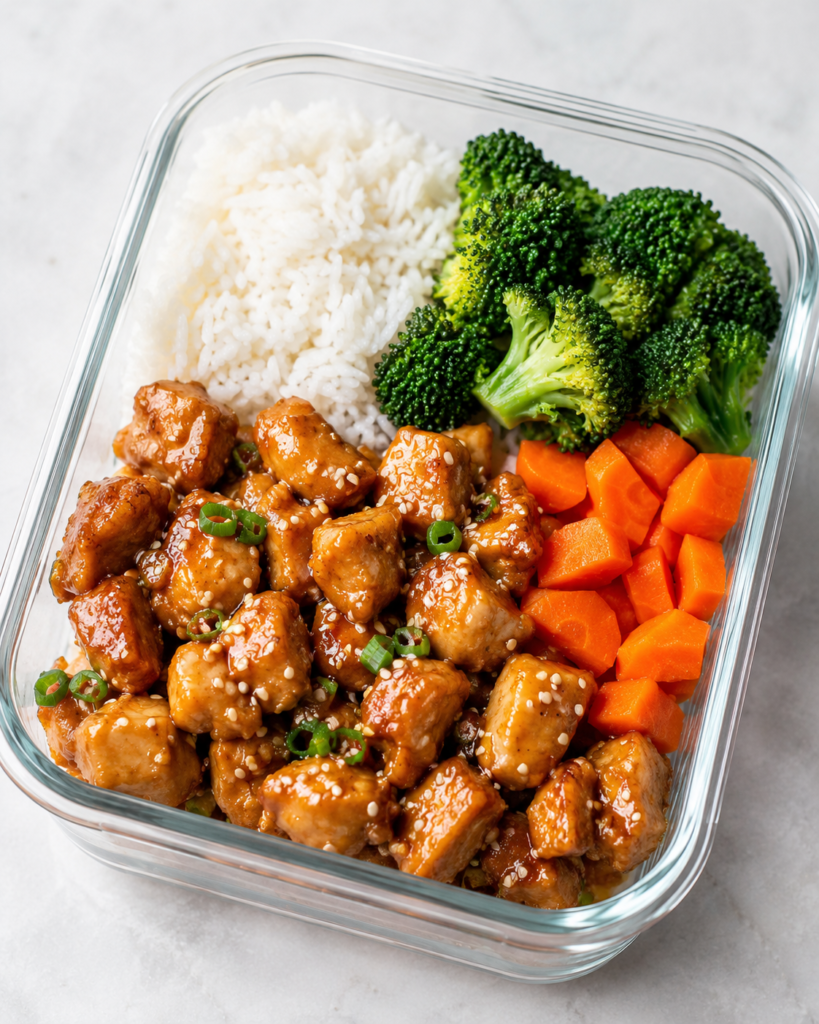 Sesame chicken meal prep with rice, broccoli, carrots, and sesame seeds