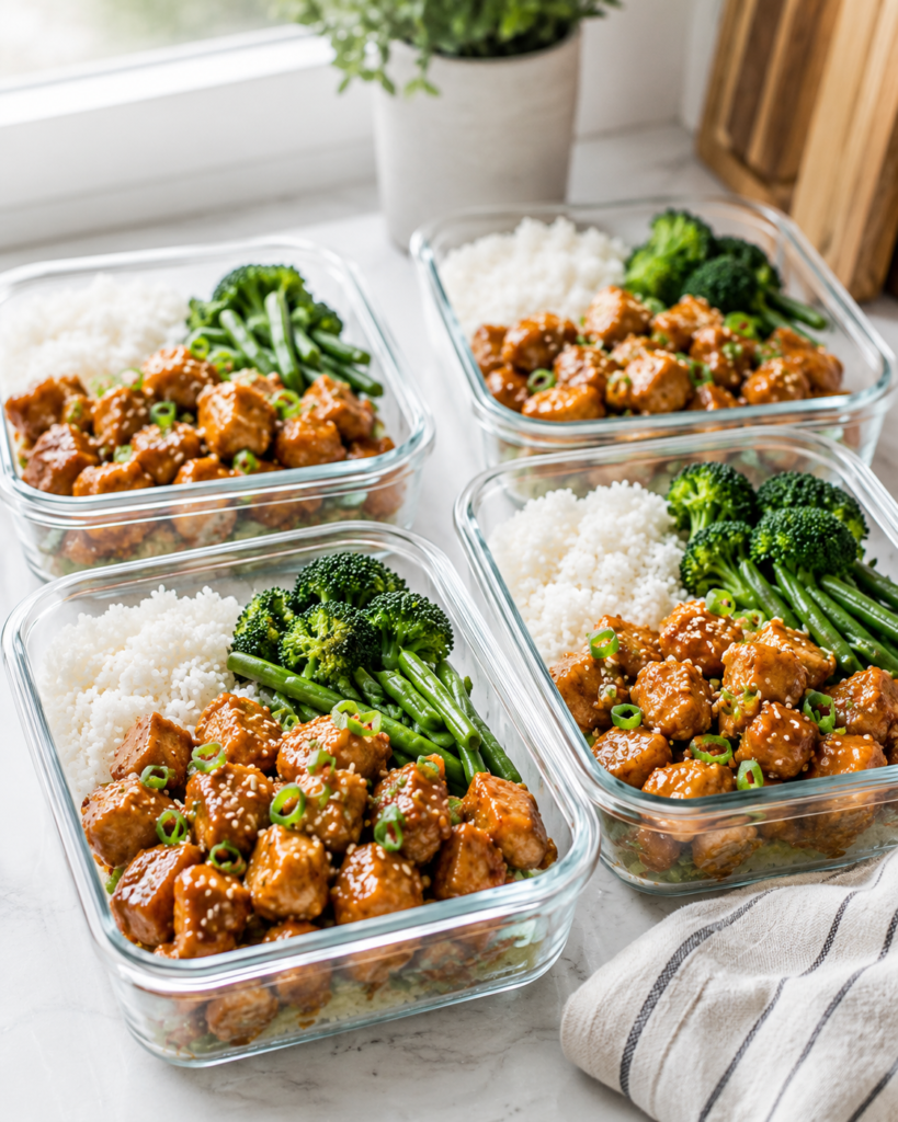Healthy sesame chicken meal prep containers with rice and broccoli