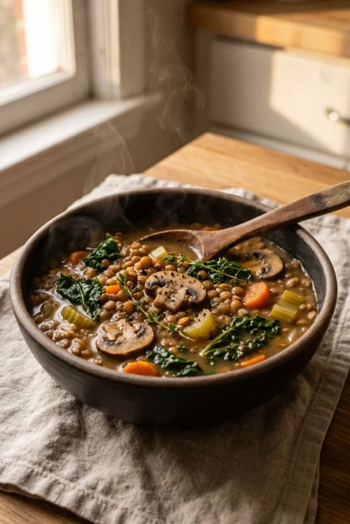 Hearty vegan lentil mushroom stew in a dark bowl with carrots, kale, herbs, and steam