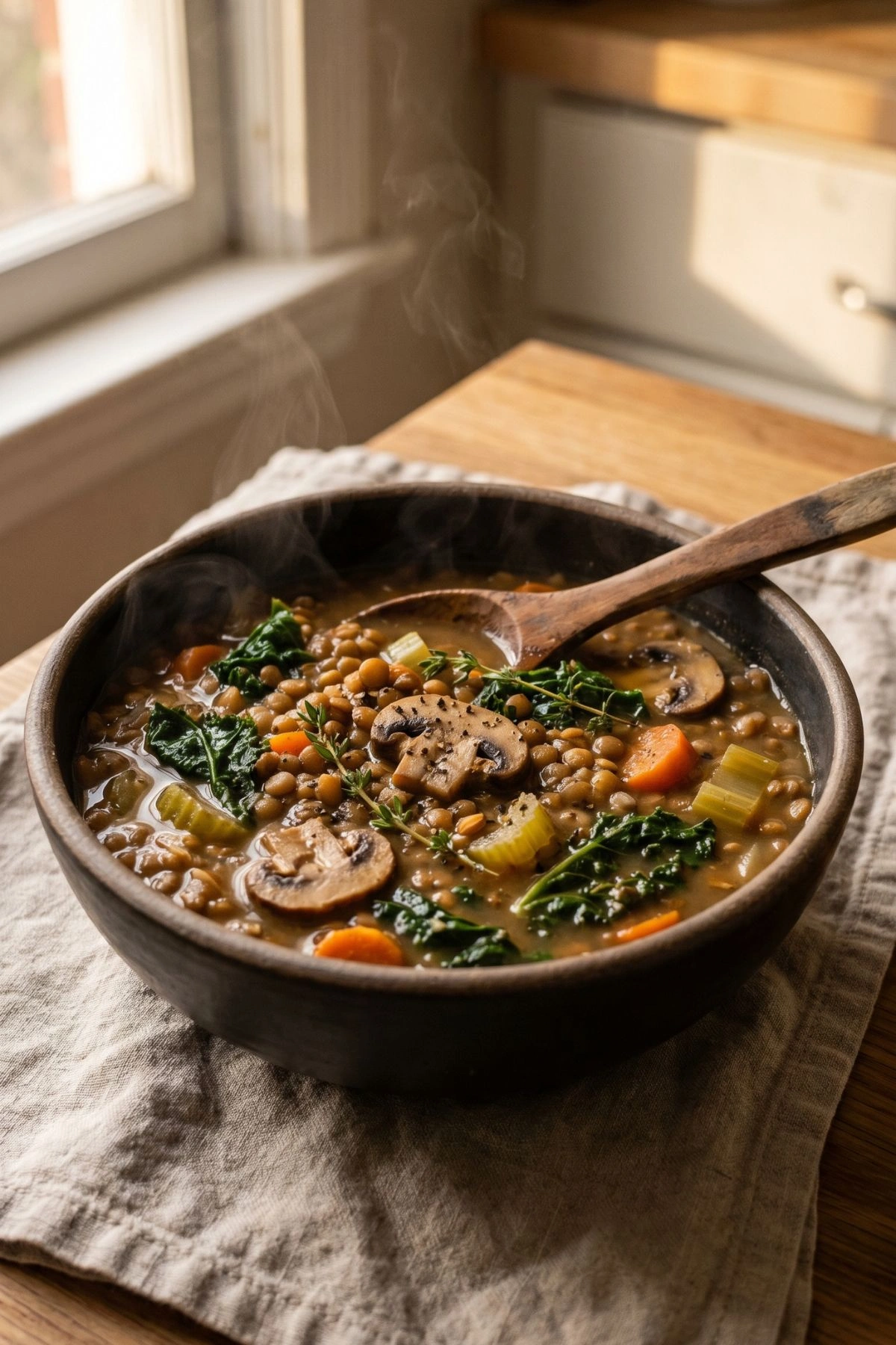 Hearty vegan lentil mushroom stew in a dark bowl with carrots, kale, herbs, and steam