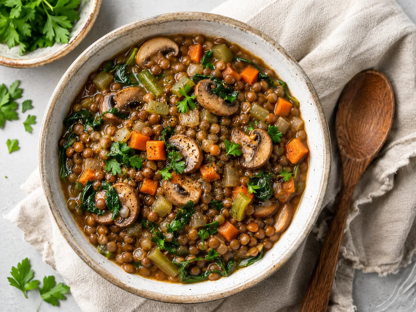Vegan lentil mushroom stew in a bowl with mushrooms and herbs