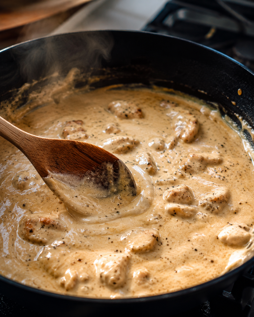 Creamy high-protein sauce warming in a skillet with chicken and a wooden spoon