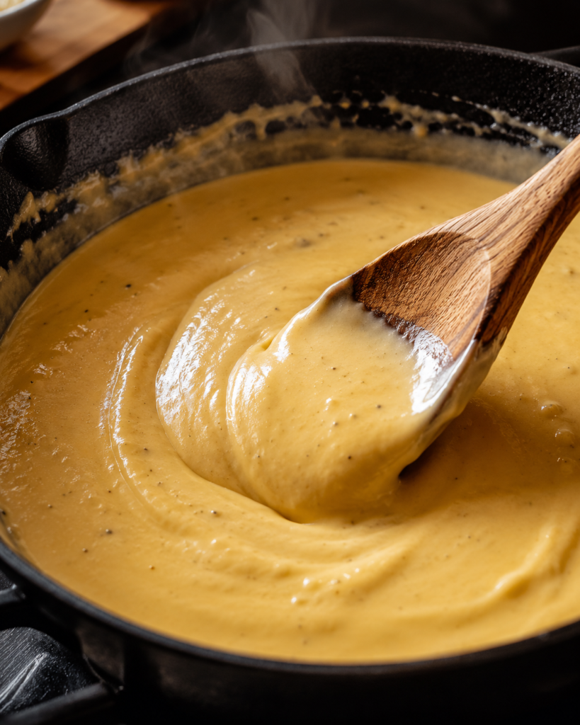 Creamy vegan cheese sauce warming in a skillet for high-protein mac and cheese