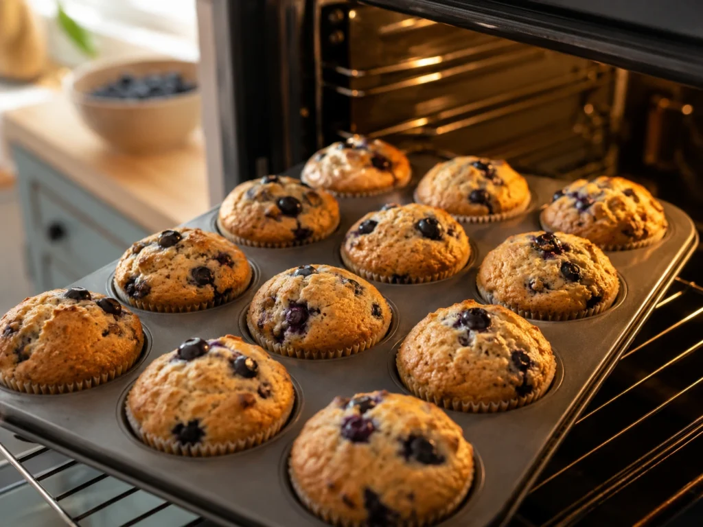 blueberry protein muffins baking in muffin pan