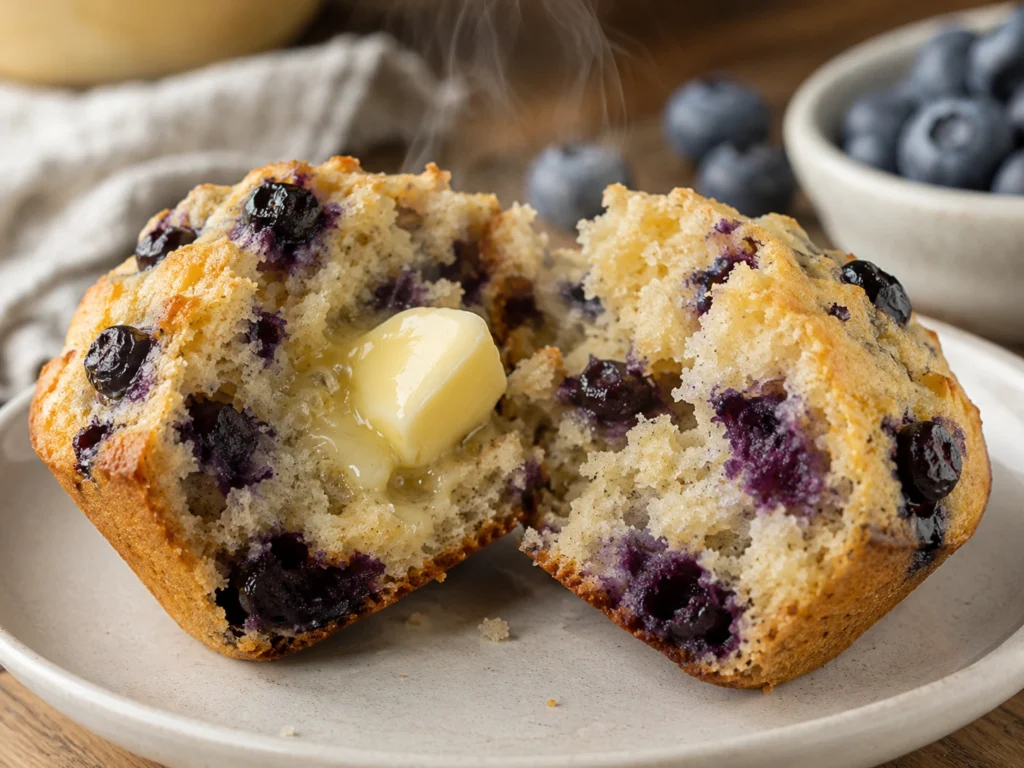 Inside of blueberry protein muffin with melted butter and blueberries