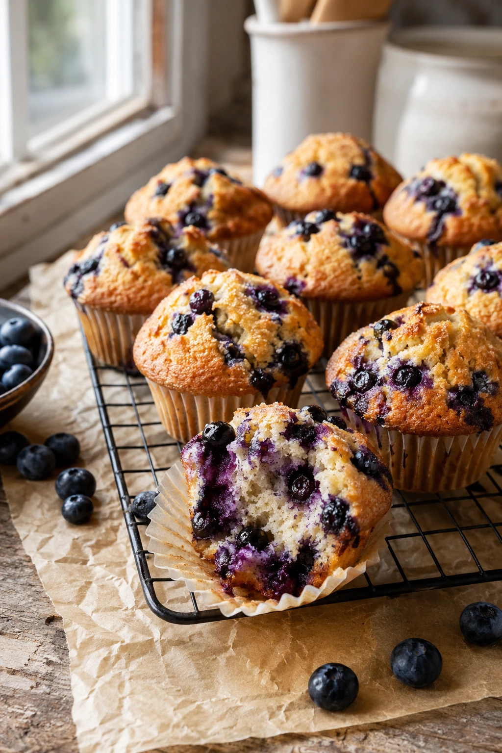 fresh baked blueberry protein muffins on cooling rack