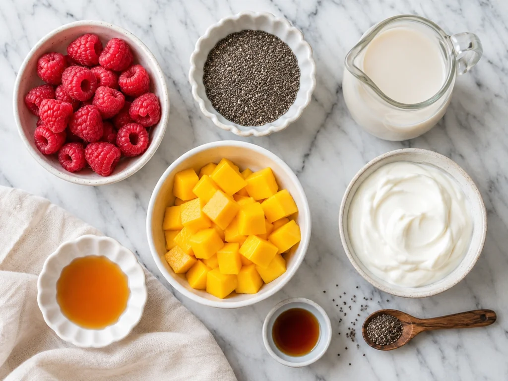 Ingredients for mango raspberry chia pudding with chia seeds, mango, raspberries, yogurt, and almond milk.