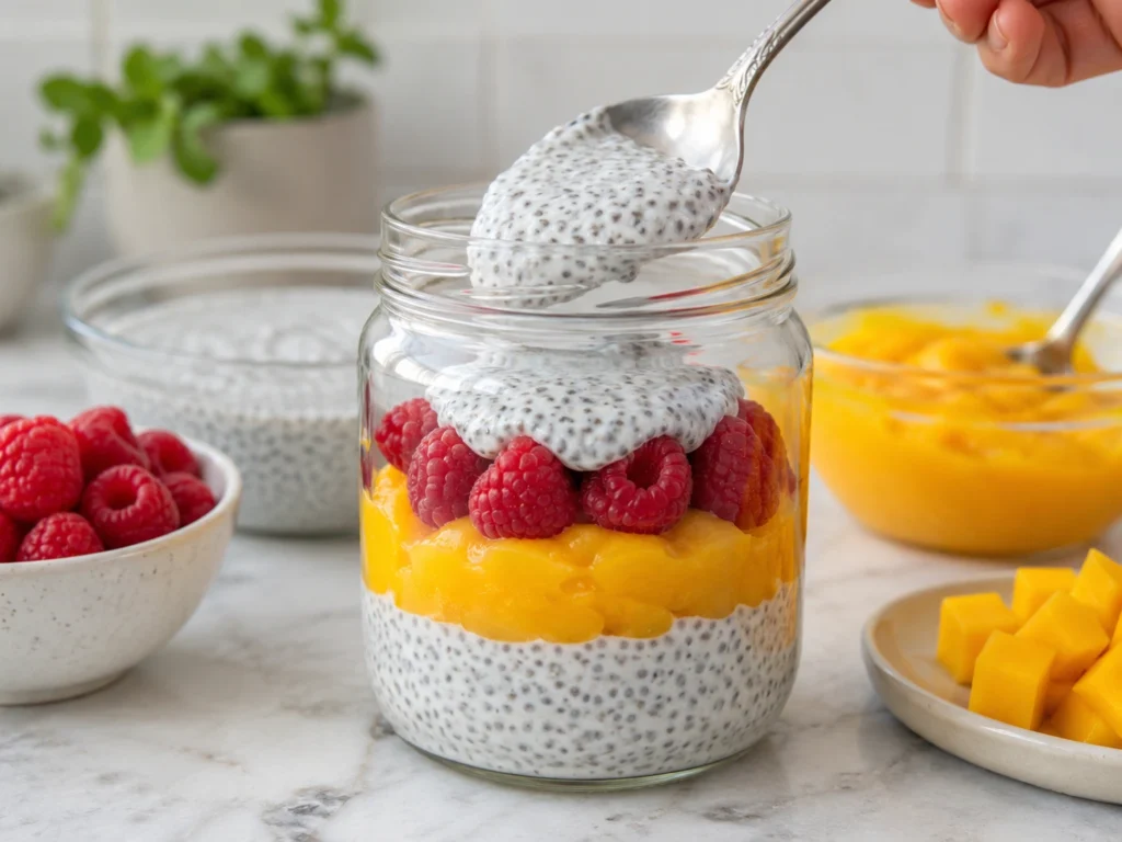 Layering mango raspberry chia pudding parfait with mango puree, chia pudding, and raspberries.