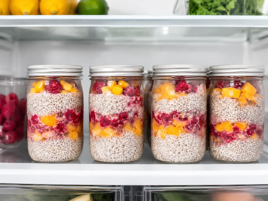 Chia pudding meal prep jars with mango and raspberries lined up on a refrigerator shelf.