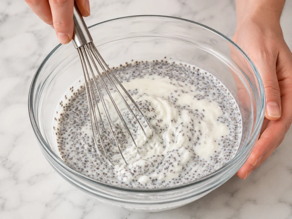 Mixing chia pudding ingredients with chia seeds, almond milk, and yogurt in a glass bowl.