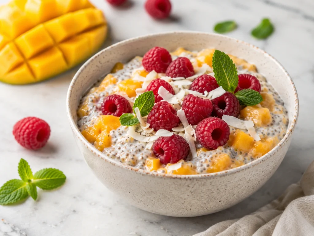 Mango raspberry chia pudding bowl topped with raspberries, coconut flakes, and fresh mint.