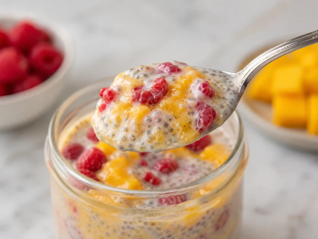 Creamy mango raspberry chia pudding texture on a spoon with chia seeds, mango, and raspberries.