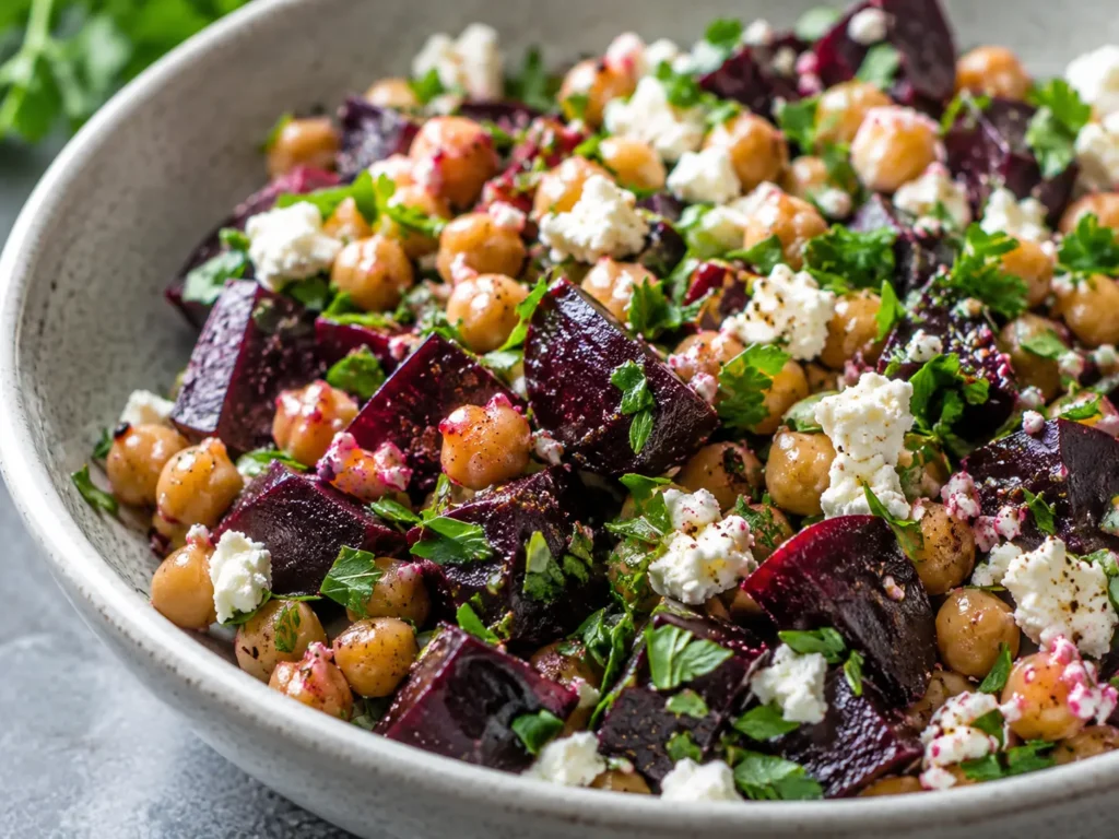 chickpea beet feta salad close up with feta and parsley
