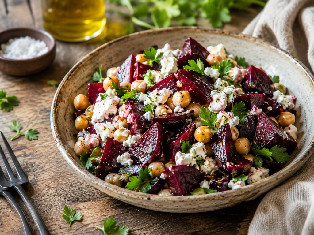 Mediterranean chickpea beet and feta salad in a rustic bowl