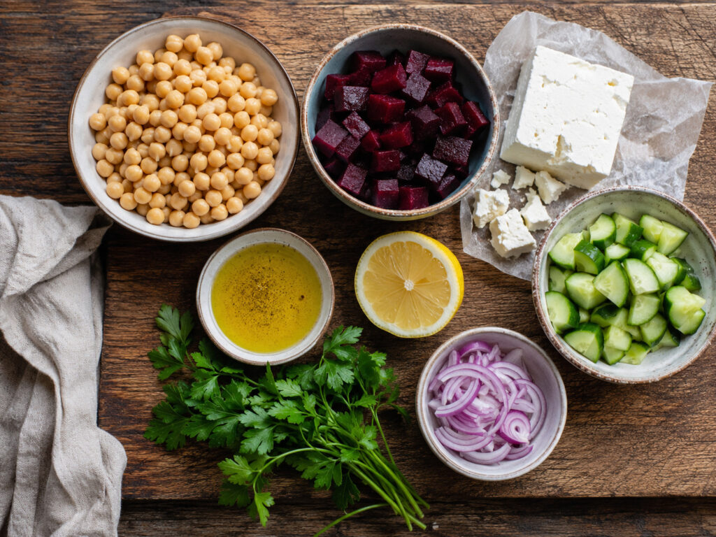 ingredients for chickpea beet feta salad arranged on a wooden board