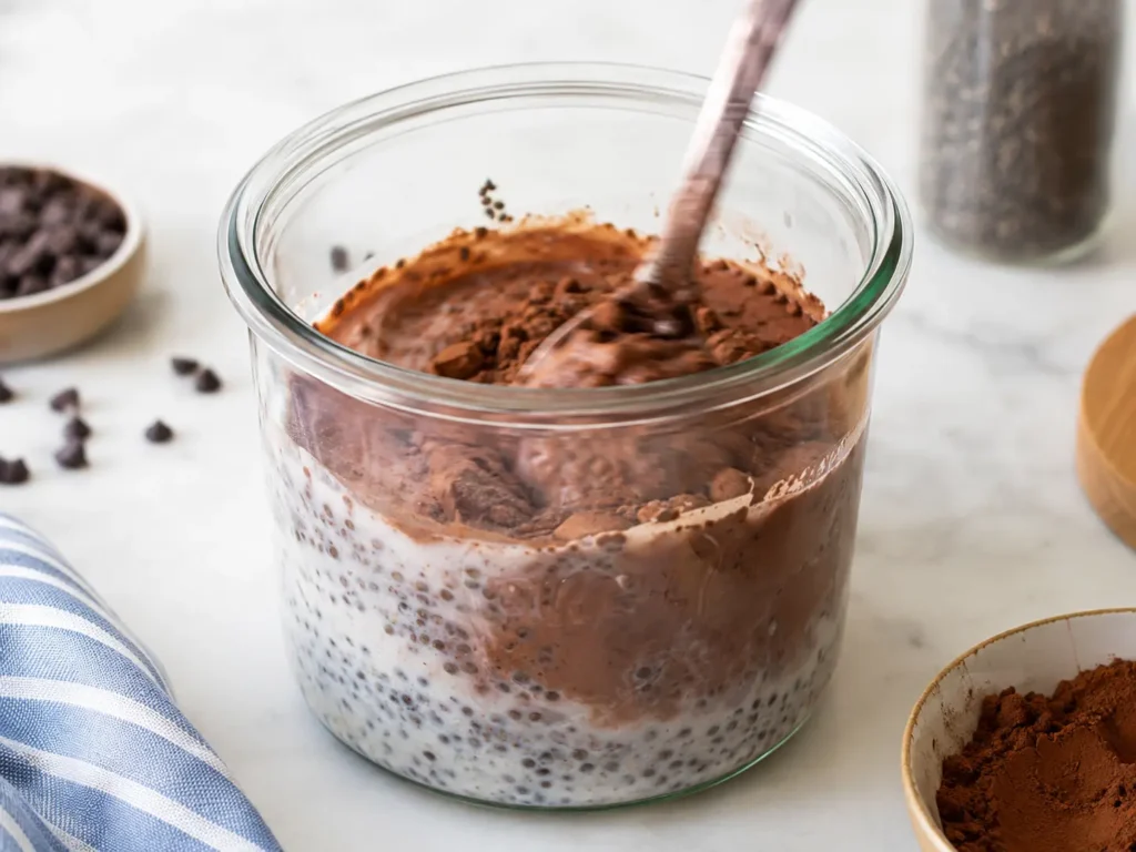 Mixing chocolate chia pudding with cocoa powder, almond milk, and chia seeds in a glass jar.