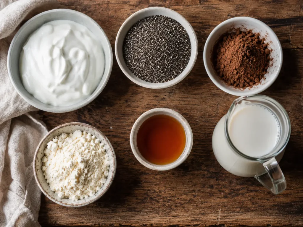 Ingredients for chocolate chia pudding with chia seeds, cocoa powder, almond milk, Greek yogurt, protein powder, and maple syrup.