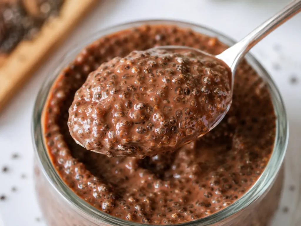 Thick chocolate chia pudding texture on a spoon with visible chia seeds.