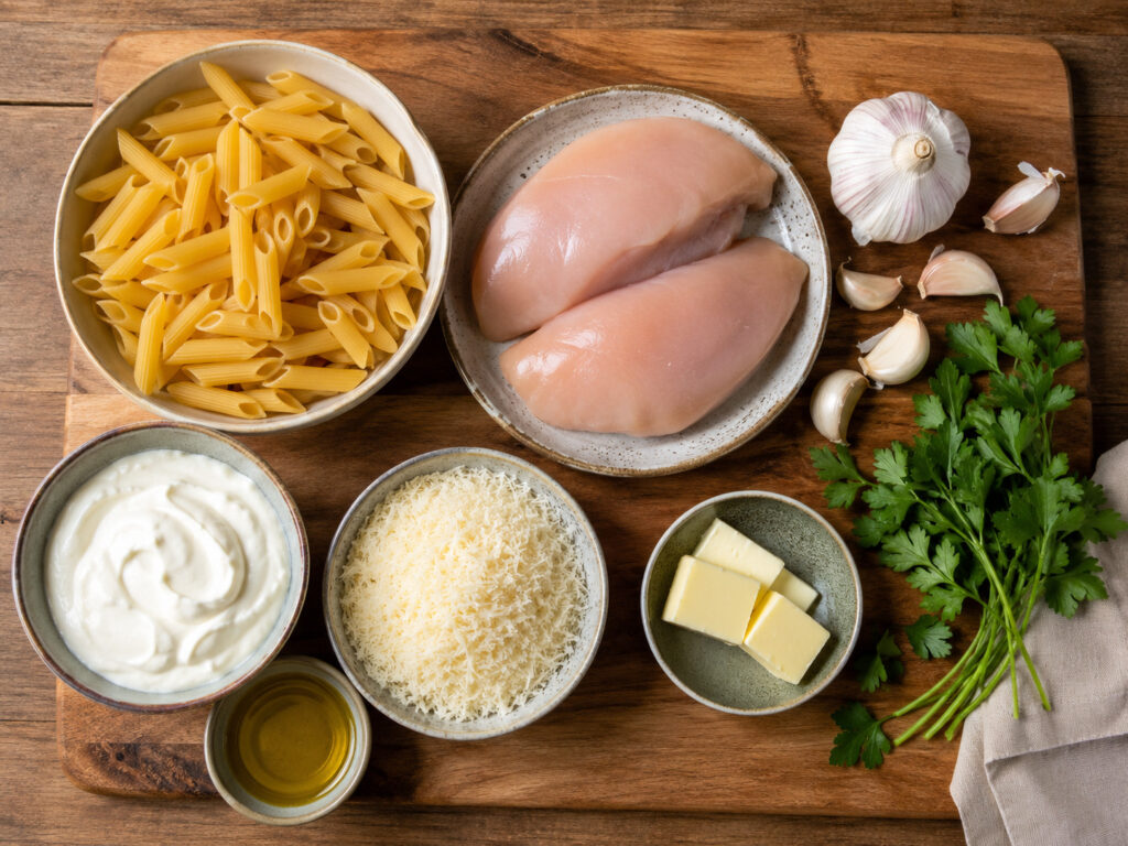 ingredients for garlic parmesan chicken pasta