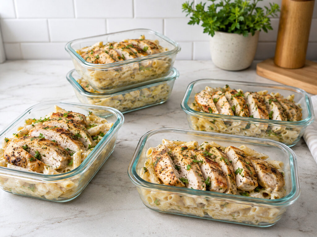 garlic parmesan chicken pasta in meal prep containers
