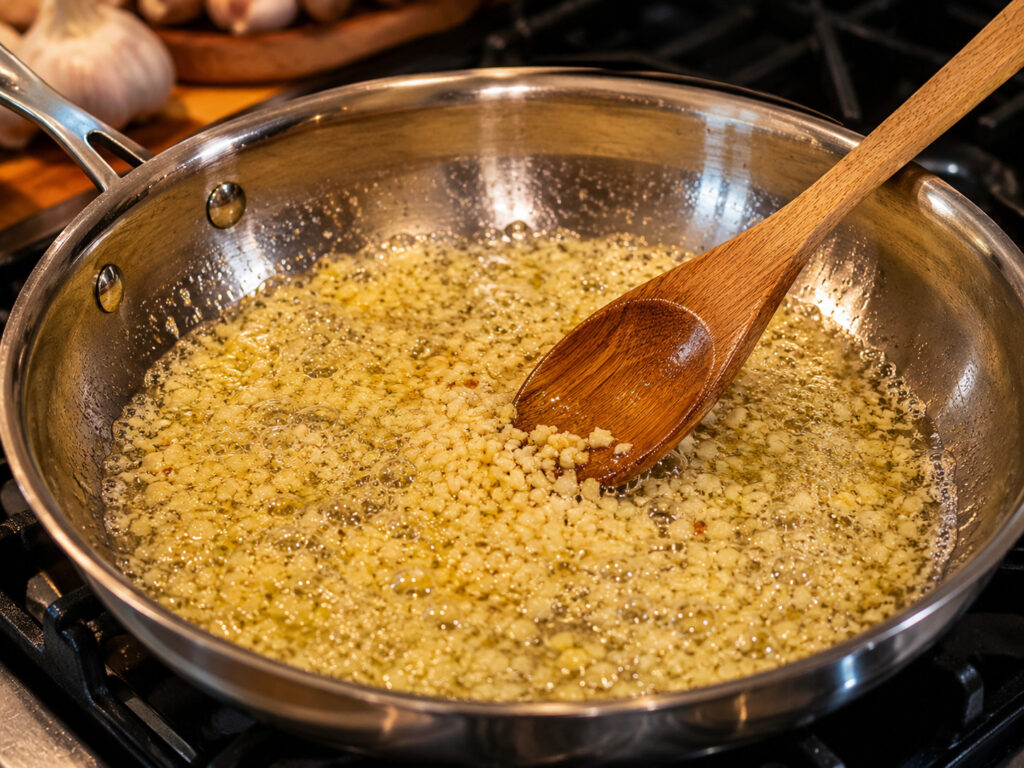 garlic sautƩing in butter for pasta sauce