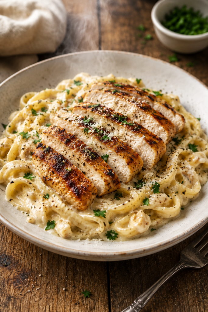 Creamy healthy garlic parmesan chicken pasta in bowl.