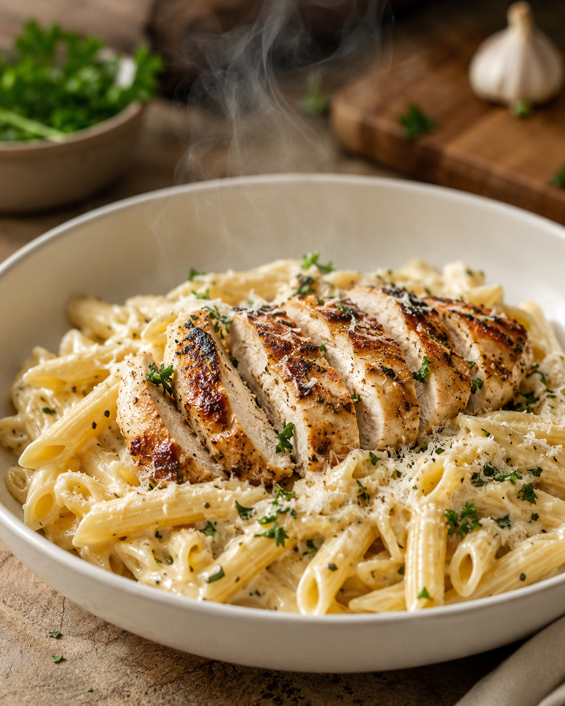 garlic parmesan chicken pasta with sliced chicken in a bowl