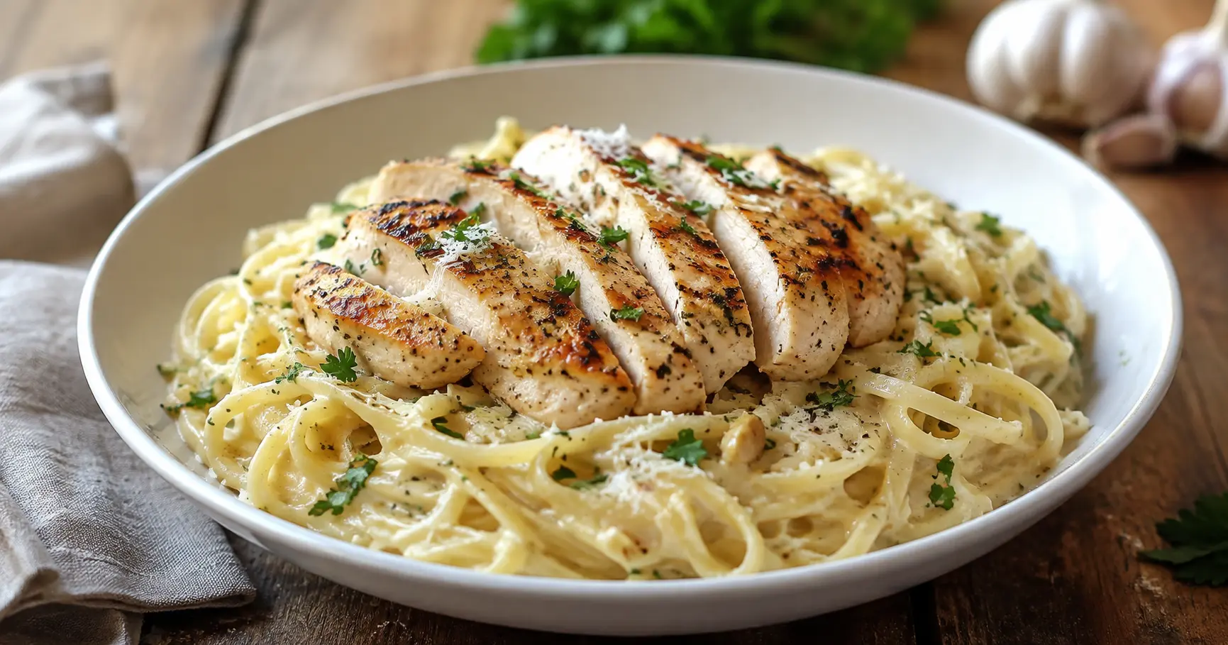 Healthy garlic parmesan chicken pasta in a creamy sauce topped with sliced grilled chicken and parsley