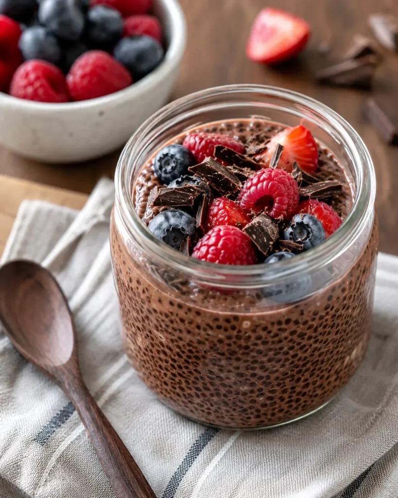 Thick high protein chocolate chia pudding in a glass jar topped with berries and dark chocolate shavings.
