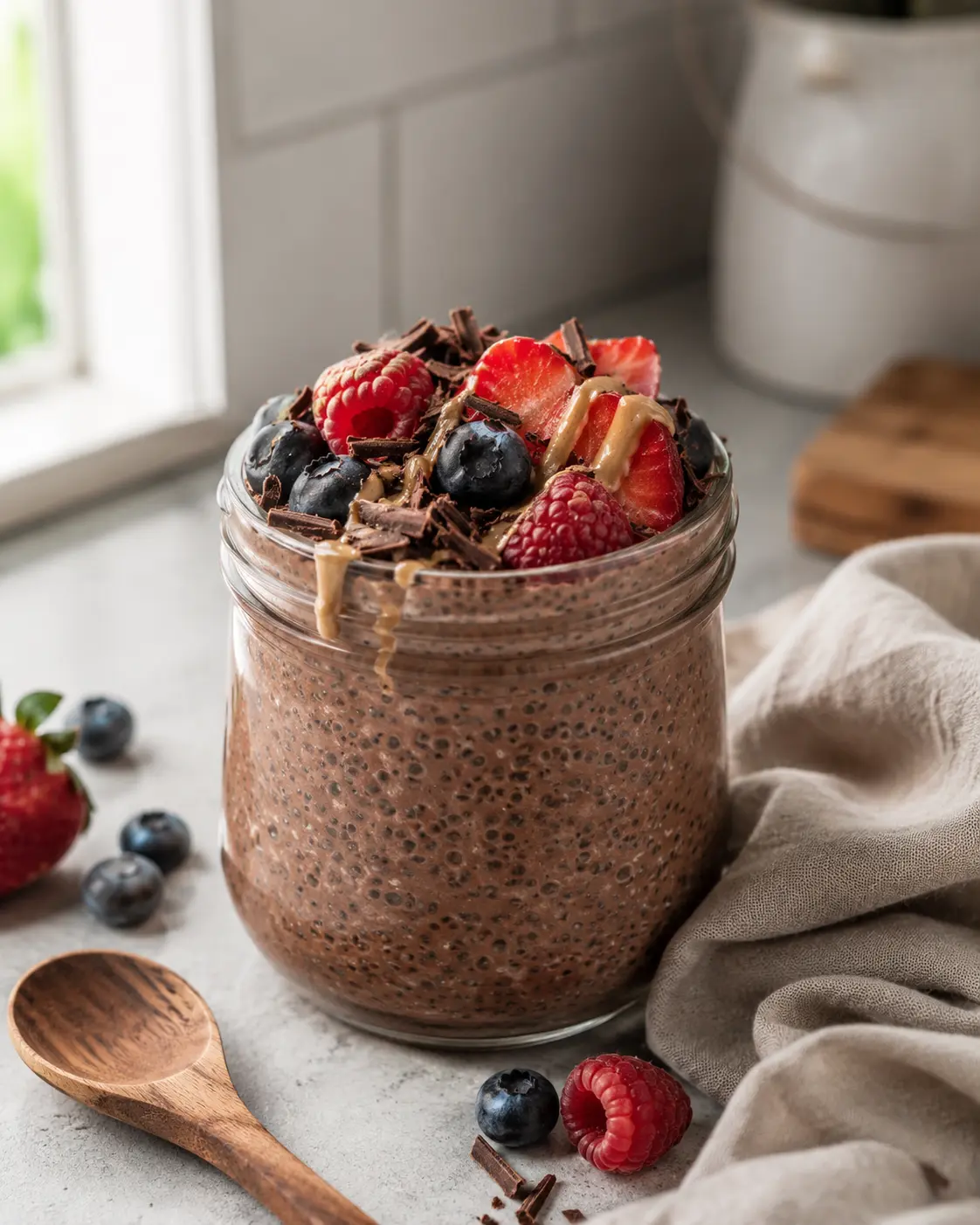 high protein chocolate chia pudding with berries