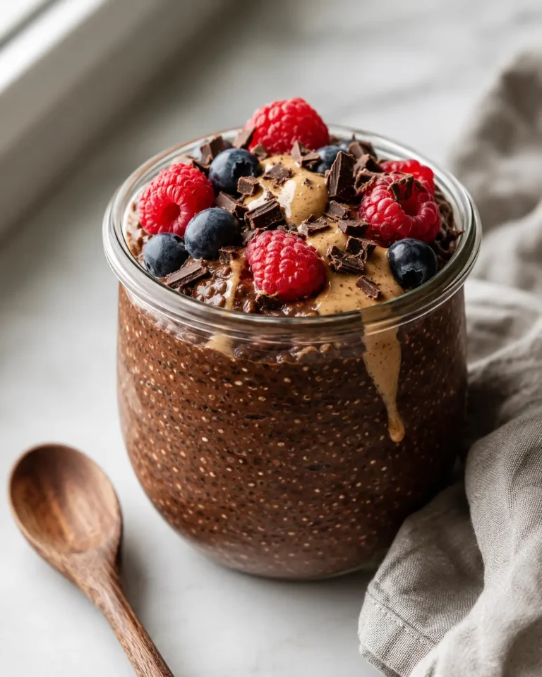 high-protein chocolate chia pudding topped with berries and almond butter