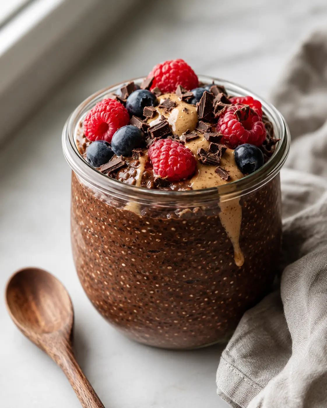 high-protein chocolate chia pudding topped with berries and almond butter