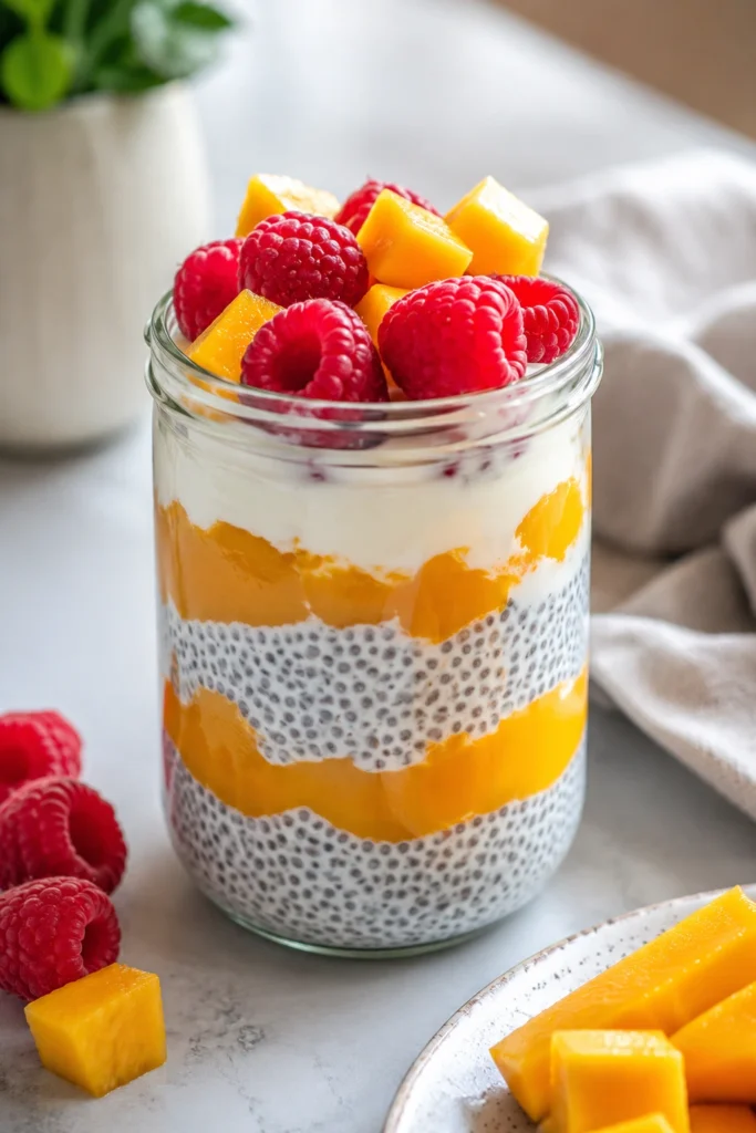 mango raspberry chia pudding with high protein yogurt layer