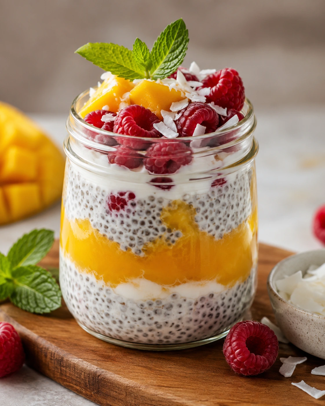 High protein mango raspberry chia pudding in a glass jar with Greek yogurt, coconut flakes, and mint.