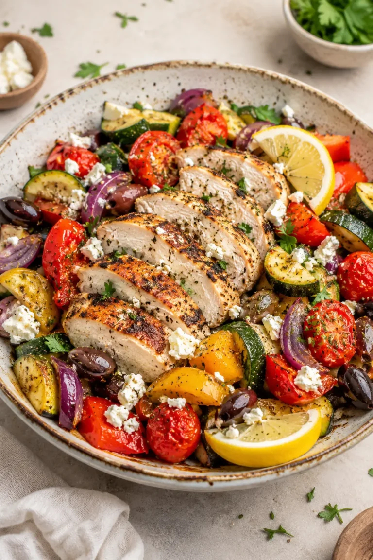 High-protein Mediterranean chicken with roasted vegetables, feta, olives, and lemon wedges.