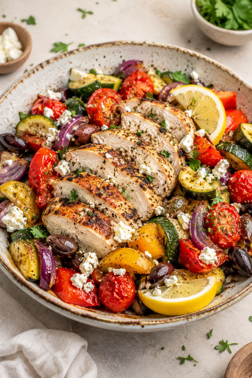 High-protein Mediterranean chicken with roasted vegetables, feta, olives, and lemon wedges.