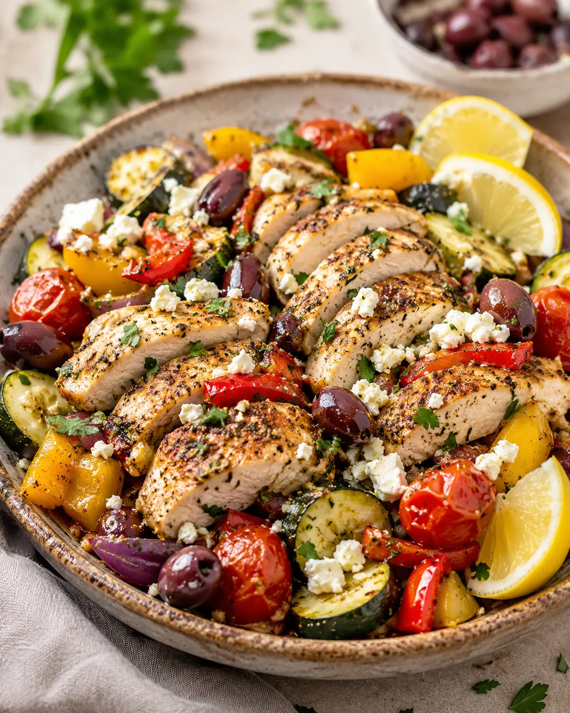high protein Mediterranean chicken with vegetables and feta