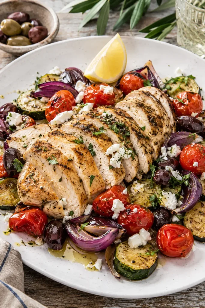 high protein Mediterranean chicken with roasted vegetables