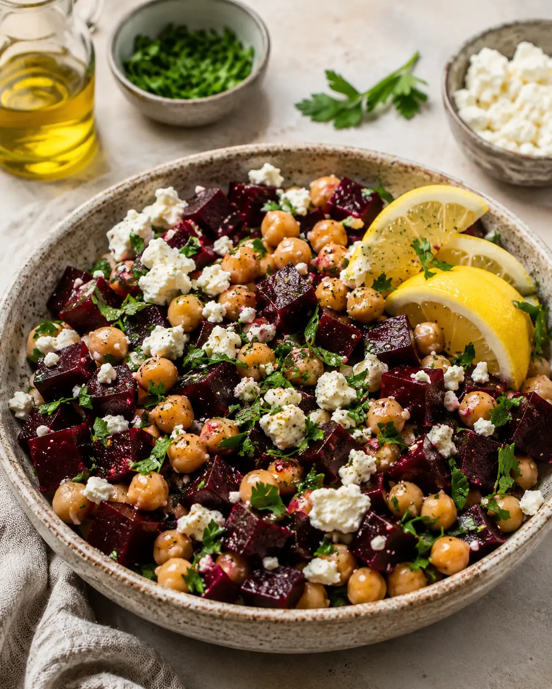Mediterranean chickpea beet feta salad bowl with parsley