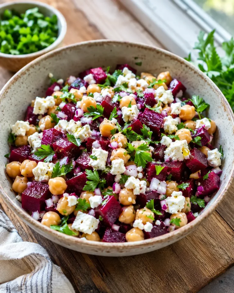 Mediterranean chickpea beet feta salad in a rustic bowl