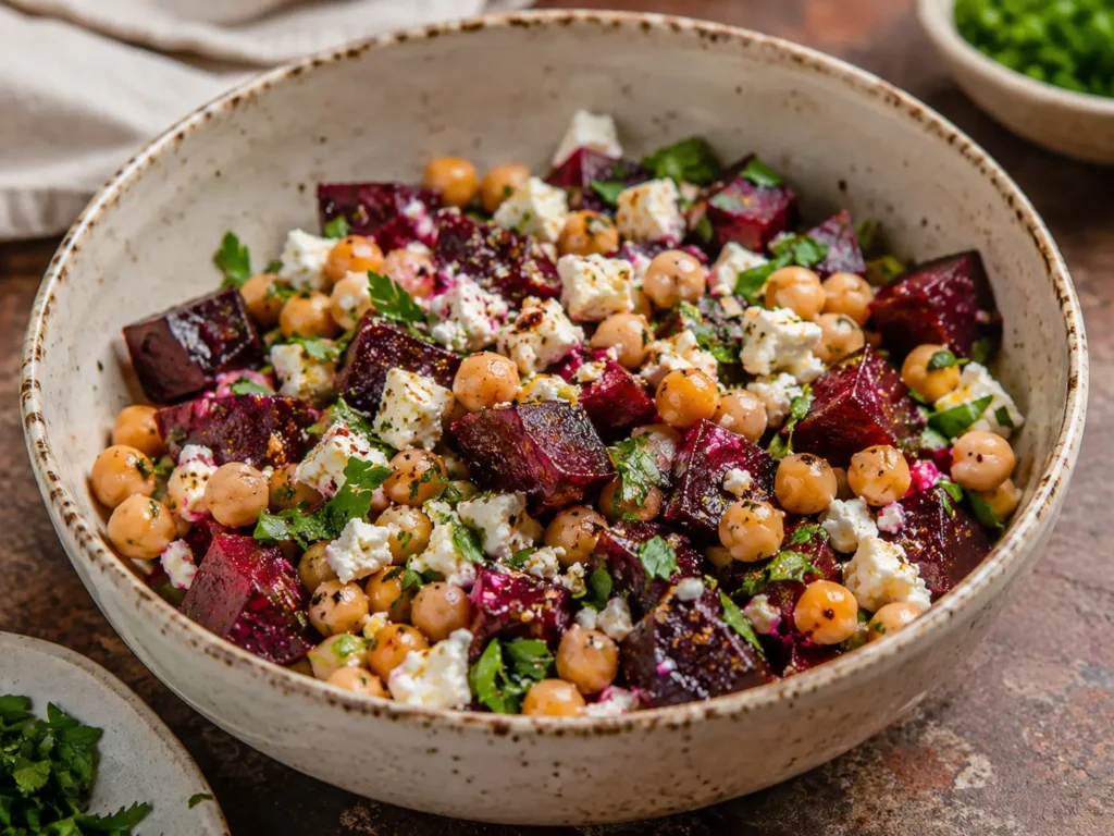 Mediterranean chickpea beet feta salad bowl with parsley
