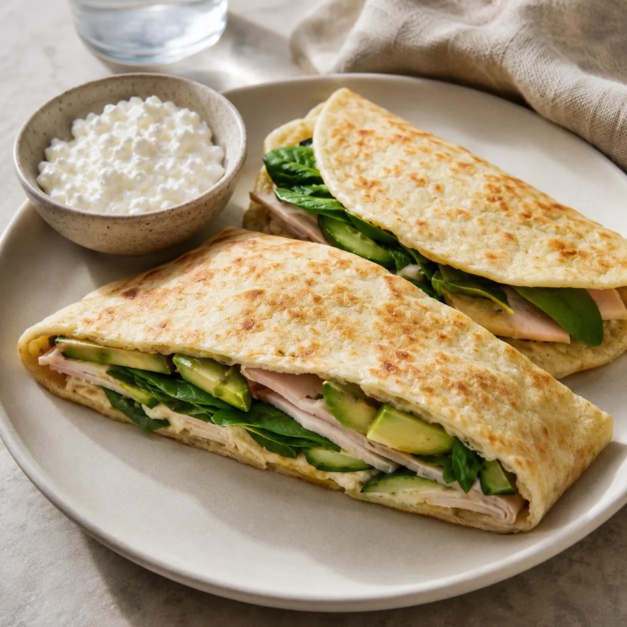 2 ingredient cottage cheese flatbread folded into high-protein wraps